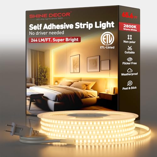 Shine Decor LED Strip Light Super Bright 16000LM, Plug&Play 120V Driverless Easy Wiring, Flicker Free Weatherproof for Outdoor Indoor, Min. 3.9” Cuttable Stickable, 2800K Warm White 65FT ETL Listed - color: Warm White, size: 65.6 Ft