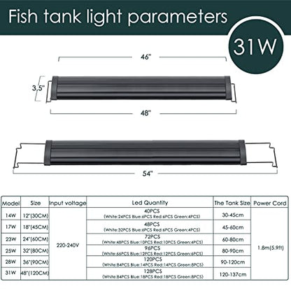 AQQA Aquarium Light,Full Spectrum LED Fish Tank Lights,12"-54" Adjustable Multi-Color White Blue Red Green LEDs with Extendable Brackets,14W-31W for Freshwater Plants (31W (48"-54")) - size: 31W (48"-54")