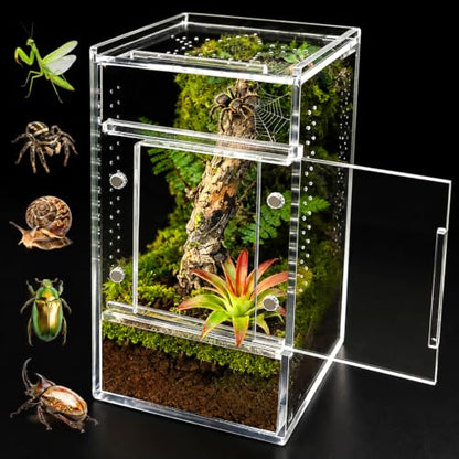 Jumping Spider Enclosure, Small Acrylic Terrarium, Magnetic Front & Top Opening, Bug Habitat for Jumping Spiders, Tarantulas, Praying Mantis, Snails (3.14" x 3.14" x 5.9") - size: Basic Vertical-Mini