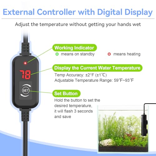 hygger Nano Aquarium Submersible Heater for 15-20 Gallon Fish Tank Betta Heater with Digital Display, Adjustable Temperature Controller 100Watt