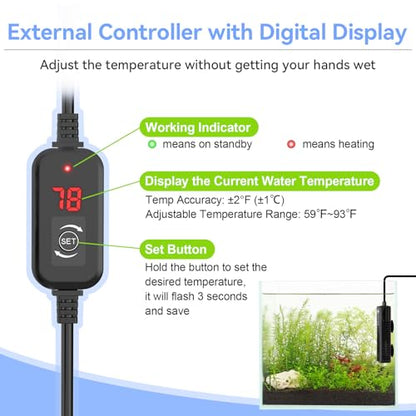 hygger Nano Aquarium Submersible Heater for 15-20 Gallon Fish Tank Betta Heater with Digital Display, Adjustable Temperature Controller 100Watt