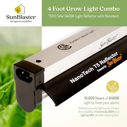 SunBlaster SL0900304 54 Watt 6400K 4' 120V Hydroponic Grow Light Lamp Ballast Fixture with NanoTech T5HO Reflector for Indoor Home Gardens and Plants - size: 4'
