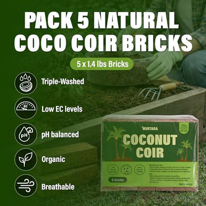 7 Lbs Bricks, Pack 5 Coconut Coir | 1.4 Lbs Each | Organic Compressed Cocopeat, Seed Starter Soil, Coconut Fiber for Reptile Terrarium, Potting Mix | Low EC, pH Balanced, Odor-Free - size: 7 Lbs (Pack of 5)