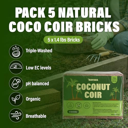 7 Lbs Bricks, Pack 5 Coconut Coir | 1.4 Lbs Each | Organic Compressed Cocopeat, Seed Starter Soil, Coconut Fiber for Reptile Terrarium, Potting Mix | Low EC, pH Balanced, Odor-Free - size: 7 Lbs (Pack of 5)