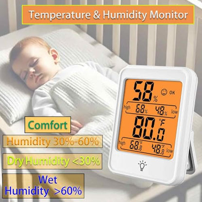 Digital Thermometer Hygrometer Meter, Indoor Room Thermometer Hygrometer Max/Min Record Mini Humidity Monitor with Backlight Magnetic for Baby Rooms, Bedrooms, Home, Office, and Wine Cellars(White)