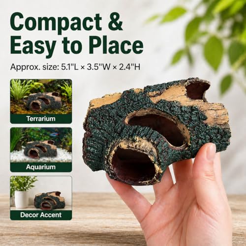 Faux Log Reptile Hideout & Aquarium Cave, Small Lizard Hide for Terrarium and Fish Tank Decor, Multiple Openings, Textured Bark Ornament for Gecko, Shrimp & Small Fish, 5.1 x 3.5 x 2.4 in