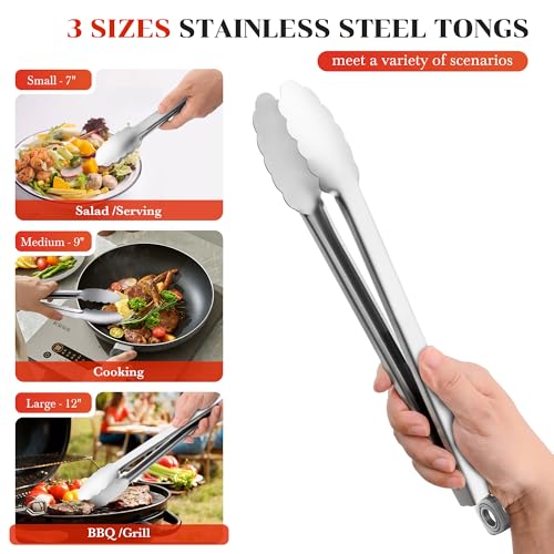 Kitchen Tongs for Cooking - 7 Inch & 9 Inch & 12 Inch Heat Resistant Stainless Steel Metal Locking Tong, BBQ Tongs Grill Tong for Cooking, Grilling, BBQ/Barbecue, Food (7+9+12inch) - color: 7+9+12inch