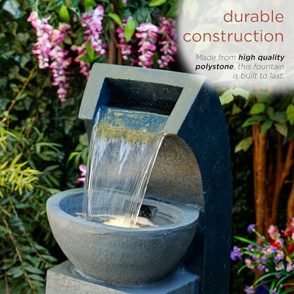 Alpine Corporation 41" Tall Outdoor Basin Waterfall Floor Fountain with LED Lights for Garden, Patio, Lawn and Backyard Decor, Gray - style: 41"H - Basin Fountain w/ LEDs