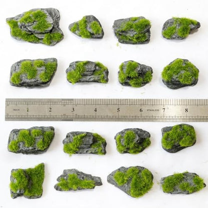 Miniature Moss Stones for Terrarium - Tree Bark Diorama Rocks for Miniature Terrain Display - Lightweight Reptile Habitat Decor - NOT for Aquarium Underwater Use - 24 Pcs Flocking-Covered (1-2 inch) - style: 24P Flocking Slate Rocks (Wooden)
