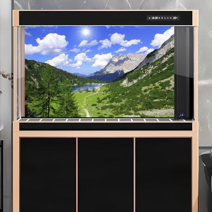 Mountains Aquarium Background Green Gobi Plants Pine Tree Terrarium Background Tranquil Lake Blue Sky Sunbeam with Cloud Fish Tank Background Mountain Theme Reptile Habitat Background 24x16in - color: Blue_Green, size: 24(W)x16(H)in