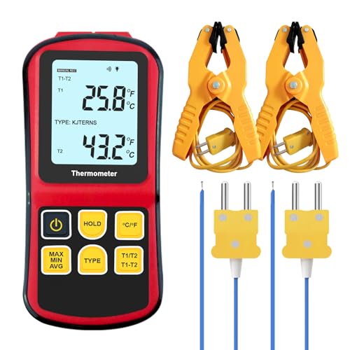 Digital K Type Thermocouple Thermometer, Dual Channel Thermocouple Tester(-238~3212℉) with 2 Temperature Clamp and 2 Wired Thermocouple Probes - color: Red