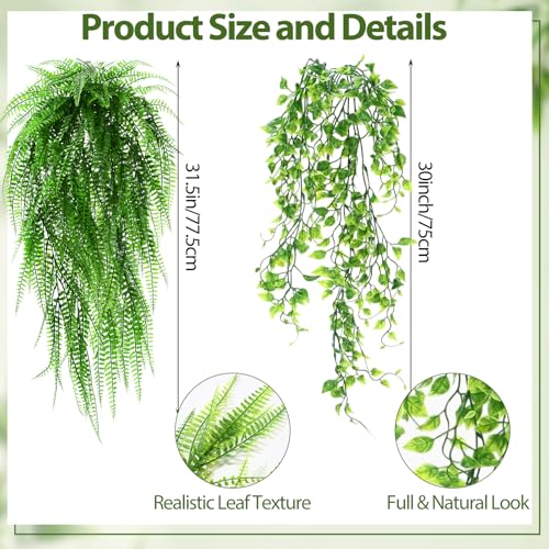 Daifunli 12 Pcs Artificial Hanging Plants Fake Hanging Ferns Plastic Fake Plant for Wall Room Garden Garland Indoor Outdoor Decor No Basket (Ivy,Boston Ferns) - style: Ivy, Boston Ferns