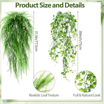 Daifunli 12 Pcs Artificial Hanging Plants Fake Hanging Ferns Plastic Fake Plant for Wall Room Garden Garland Indoor Outdoor Decor No Basket (Ivy,Boston Ferns) - style: Ivy, Boston Ferns