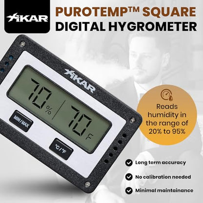 XIKAR PuroTemp Rectangular Digital Hygrometer – Digital Thermometer with Humidity Sensor – Temp and Humidity Monitor for Humidor, Easy to Calibrate, Fast Refresh Readings, Lightweight – Black