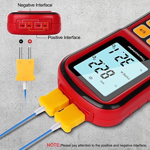 Leaton Digital Thermometer Dual Channel Thermometer Temperature Thermometer with Two K-Type Thermocouple Probe Backlight LCD K Type Thermometer for K/J/T/E/R/S/N Thermocouple
