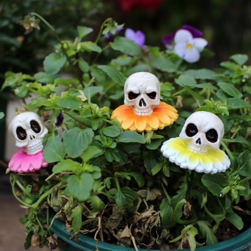 Resin Daisy Flower Skull Head Statue Plant Stakes Set of 3, Skull Garden Plant Accessories, Decorative Plant Picks, Indoor Outdoor Halloween Planter Pot Decorations Bonsai Crafts