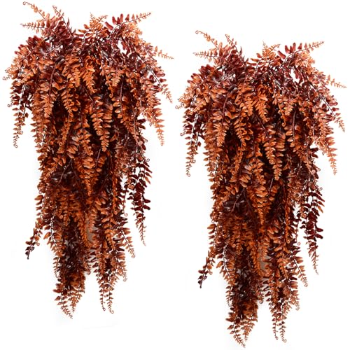 6pcs Artificial Hanging Fall Plants Vines Fern Fake Hanging Plant Faux Boston Ferns Vine Outdoor UV Resistant Plastic Plants Wall Indoor Hangings Baskets Wedding Garland Decor (6, Fall Orange) - color: Fall Orange