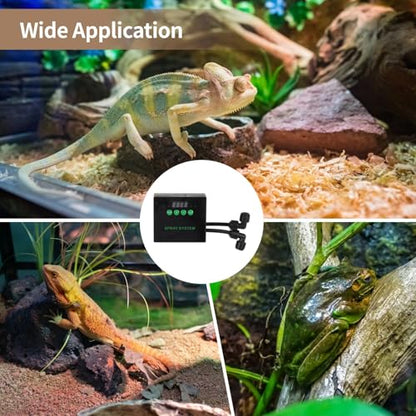 Reptile Humidifier Misting System with Timer, Smart Mist Sprayer, 2 Free-Rotating Spray Nozzles, Atomizer for Snake Lizard Habitat Tropical Plants, Long Pipe, Power Adapter