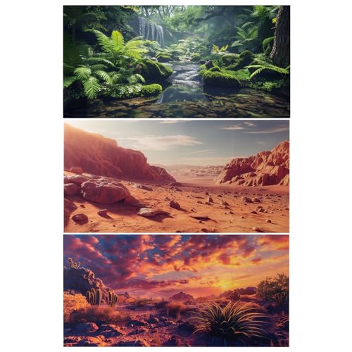 COMSUN 3 Pack Terrarium Background, 48x24 inches Polyester Reptile Backgrounds, Cloth Terrarium Background, Gobi Sunshine Cactus Stone & Green Tree Fern Stream Backgrounds - size: 48x24 Inch