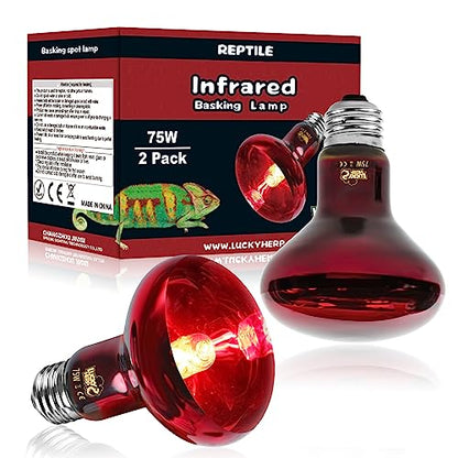 LUCKY HERP Infrared Heat Lamp 75W 2 Pack，Reptile & Amphibian Basking Spot Light Bulbs, Red Heat Lamp Bulbs for Reptiles, Bearded Dragon, Turtle, Lizard, Snake, Chicken - size: 75