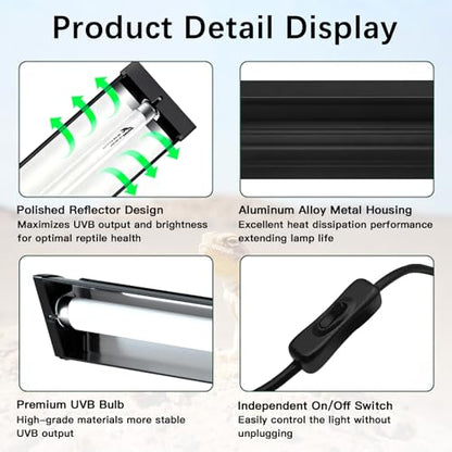 T5 10.0 UVB Reptile Light Fixture Combo Kit, 8W High Output UVA UVB Light with Upgraded Wider Alloy Reflector for Bearded Dragons Lizards Tortoises and Desert or Tropical Reptiles 12.4Inch - size: 12.4Inch
