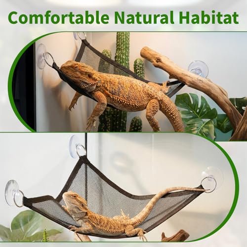 2 Pcs Bearded Dragon Hammock, Breathable Mesh Reptile Hammock for Lizard Gecko, Triangular Climbing Lounger with Strong Suction Cups for Iguanas, Geckos, Snakes, Chameleon Tank Accessories (Black)