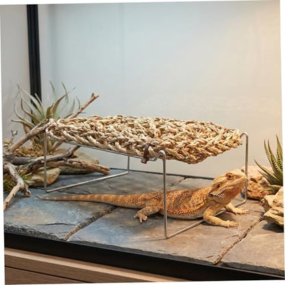 ABOOFAN Bearded Dragon Hammock Lounger with Sea Grass Bed and Metal Legs, Rectangle Reptile Basking Platform for Lizards, Leopard Gecko, Hermit Crab Habitat