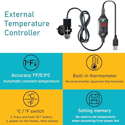 Mini Submersible Aquarium Heater, 25/50/100/150/200/300 Watts Adjustable Fish Tank Heater, Built-in Thermometer, External Temperature Controller, Smart Memory (10 Watts(USB)) - size: 10 Watts(USB)