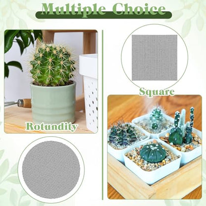 JJUNW 100Pcs Bonsai Pot Meshs Pad, 4 inch Round&Square Flower Pot Hole Mesh, Drainage Mesh Hole Screens Durable Reusable Bonsai Bottom Grid Mat Gardening Essentials