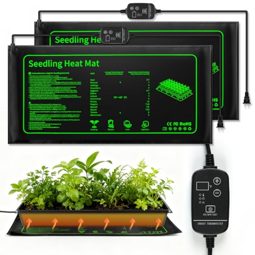 2 Pack Seedling Heat Mat with Thermostat Controller & Timer for Plants Seed Starting, Temp-Adjustable Waterproof 10"x 20" Warming Mat for Seed Germination, Indoor Growing, Hydroponic, Greenhouse - size: 10×20"-2P--Adjustable
