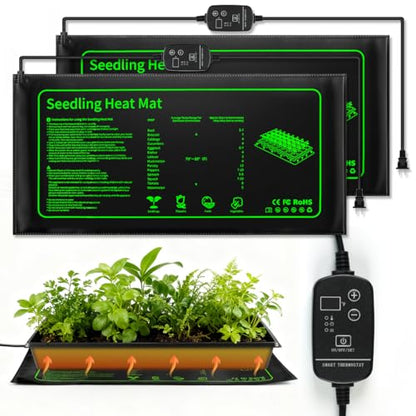 2 Pack Seedling Heat Mat with Thermostat Controller & Timer for Plants Seed Starting, Temp-Adjustable Waterproof 10"x 20" Warming Mat for Seed Germination, Indoor Growing, Hydroponic, Greenhouse - size: 10×20"-2P--Adjustable
