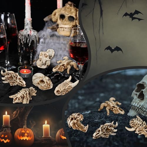 Bbiamsleep 8 Pcs 2.3 Inch Animal Skulls Figurine Resin Mini Skulls Dinosaur Alien Animal Skulls Decor Ornament Mini Skull Heads for DIY Projects Halloween Christmas Decoration