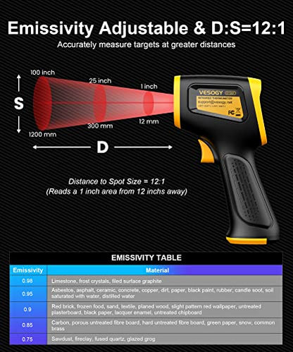 Infrared Thermometer Temperature Gun -58°F ~932°F, Digital Laser Thermometer Gun for Cooking, Pizza Oven, Grill & Engine, IR Thermometer Temp Gun with Adjustable Emissivity & Max-Min Measure