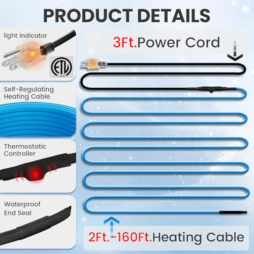 MAXKOSKO 24 Ft. 120 V Heating Cable for Pipe Freeze Protection, Self-Regulating Heat Tape for Water Pipes for Metal and Plastic Pipes, Energy-Saving Heat Trace Cable Keeps Water Flowing at -40 °F - color: 24-feet