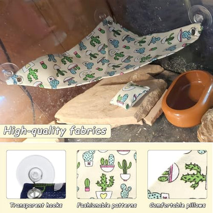 DQITJ 2 Pcs Reptile Hammock with Small Pillow Swing Hanging Bed Lounger Ladder with Adhesive Hooks and Suction Hook for Lizard Leopard Gecko Bearded Dragon Rat (Beige and Blue)