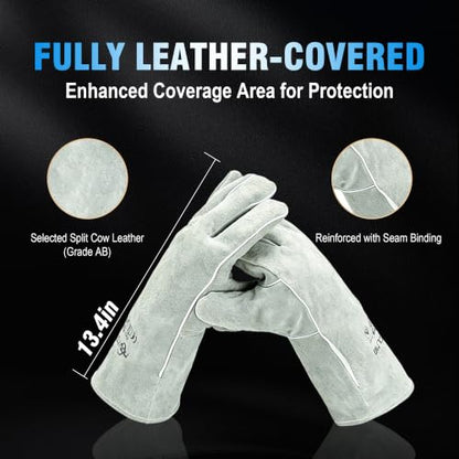 Long Welding Gloves 23.6 Inches 932℉,Heat/Fire Resistant Leather For Mig, Tig, Stick, Forge, BBQ, Grill, Fireplace - color: 14in White