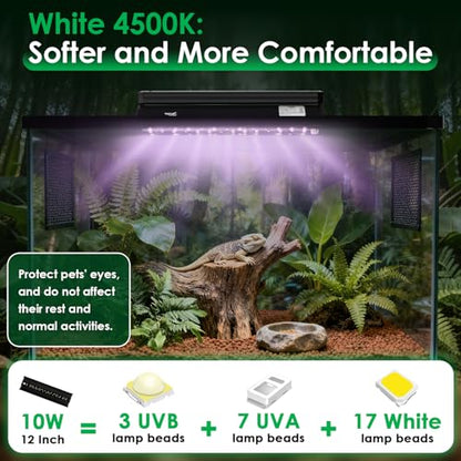 UVB Light for Reptiles, 10W HO LED UVB Reptile Light Fixture UVA UVB Lamp Bulb Terrarium Light with Timer and 5 Adjustable Brightness for Bearded Dragon Turtle Snake Crested Gecko Chameleon, 12 Inch - size: 12 Inch