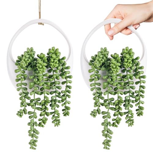 Der Rose 2 Packs Fake Hanging Plants Succulents with Strings Artificial Plants Indoor Outdoor for Boho Wall Decor - color: White