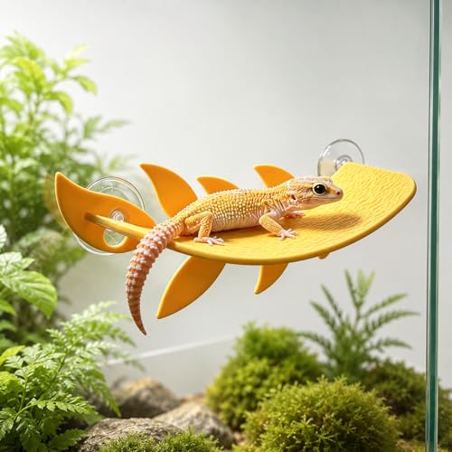 Reptile Leaf Ledge with Suction Cups, PLA Gecko Climbing Platform for Terrarium, Small Lizard Resting Shelf, Leaf-Shaped Habitat Decor for Crested Gecko Leopard Gecko Chameleon, 4.72 x 1.97 x 2.36 in - color: Yellow