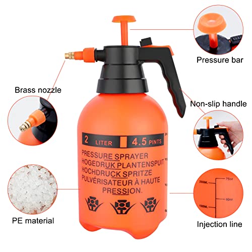 68oz Garden Pump Sprayer, 2L Hand Pressure Sprayer Bottle, 0.5 Gal Lawn Adjustable Sprayer for Plant Mister Spraying Weeds Home Cleaning Watering (Orange) - color: Orange