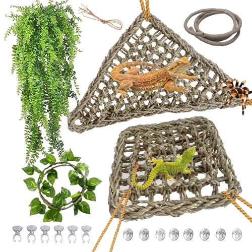 kathson Bearded Dragon Hammock,Lizard Lounger Reptile Tank Hanging Plants Climbing Jungle Vines Flexible Leaves Decorations for Lizards Chameleon Gecko Snakes(5 PCS)