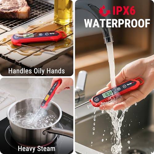 TempPro 1 Second Instant Read Digital Meat Thermometer, ±0.9°F Accuracy, Waterproof & Backlight Food Thermometer for Cooking, Oil Fry Candy Meat Probe for Kitchen, BBQ, Oven, Grill, Smoker - color: Red