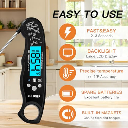 KULUNER Digital Meat Thermometer Instant Read, Waterproof Probe with Backlight & Calibration, Ultra Fast 2-3s Reading, Stainless Steel Kitchen Food Thermometer for Grilling BBQ Cooking Candy - Black - color: Black