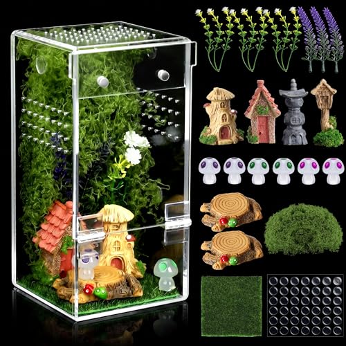3"x3"x6.2" Jumping Spider Enclosure Kit – Escape-Proof Terrarium for Jumping Spiders, Small Insects – Complete Habitat with Spider Cage, Plants, Moss, and Accessories – Ideal Starter Kit