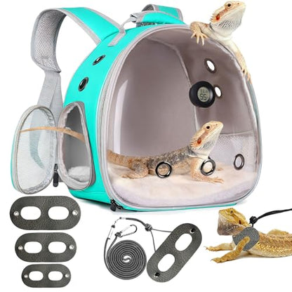 Bearded Dragon Travel Backpack Carrier with Reptile Thermometer and Humidity Gauge Lizard Travel Cage Space Capsule Clear Bubble Window Astronaut Reptile Bag for Ball Python (Green, Backpack+PG LSH) - color: Green, size: Backpack+PG LSH