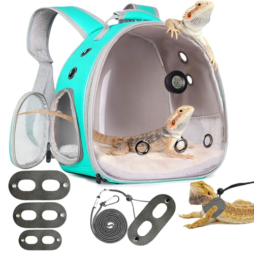 Bearded Dragon Travel Backpack Carrier with Reptile Thermometer and Humidity Gauge Lizard Travel Cage Space Capsule Clear Bubble Window Astronaut Reptile Bag for Ball Python (Green, Backpack+PG LSH) - color: Green, size: Backpack+PG LSH
