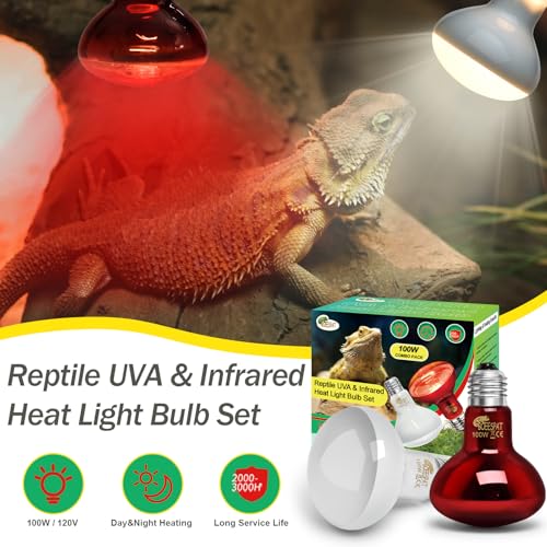 100W Daylight Basking Light Bulb & Infrared Heat Lamp Bulb for Amphibians Reptiles Bearded Dragon, Turtle, Lizard, Snakes, Geckos, ... - color: Infrared+uva Bulbs (2pcs), size: 100W