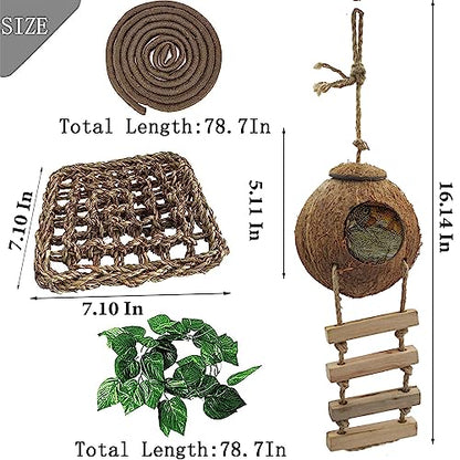6PCS Crested Gecko Coconut Hut, Lizard Coco Den with Ladder and Reptile Hammock Bearded Dragon Tank Accessories Climbing Hanging Plants Jungle Vine Flexible Reptile Leaves Decor - style: 【Style B】