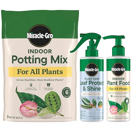 Miracle-Gro Indoor Potting Mix (6 qt.) and Plant Food (8 fl. oz.) for All Plant and Plant Care Leaf Protect & Shine (8 fl. oz.) - Bundle for Growing, Fertilizing, Protecting and Cleaning Houseplants - size: 6 qt (Care Bundle), style: 6 QT