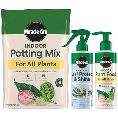 Miracle-Gro Indoor Potting Mix (6 qt.) and Plant Food (8 fl. oz.) for All Plant and Plant Care Leaf Protect & Shine (8 fl. oz.) - Bundle for Growing, Fertilizing, Protecting and Cleaning Houseplants - size: 6 qt (Care Bundle), style: 6 QT